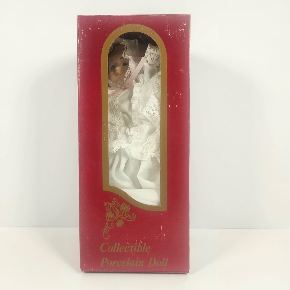 Vintage Porcelain Baby Doll Christening White Lace Christening Gown Pink Ribbon